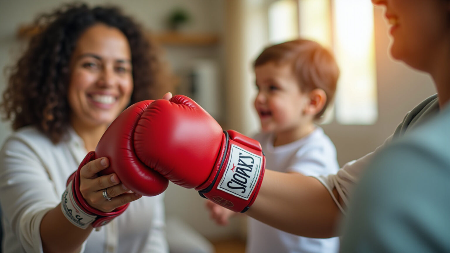 Adulto brasileiro segurando luva de boxe infantil colorida, destacando a importância da escolha certa.