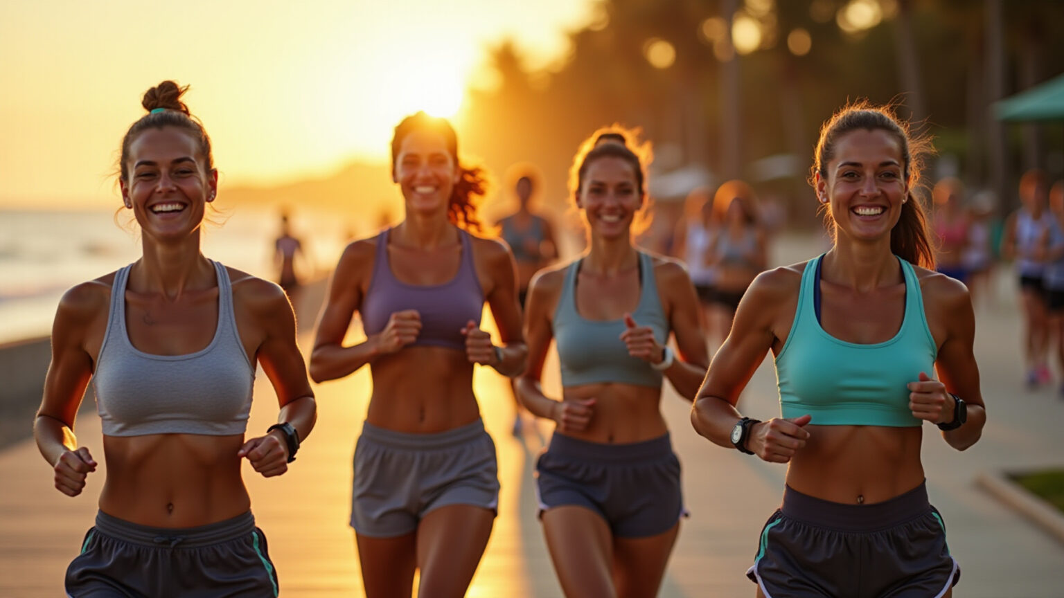 Mulheres brasileiras sorrindo ao iniciar corrida leve com acessórios adequados.