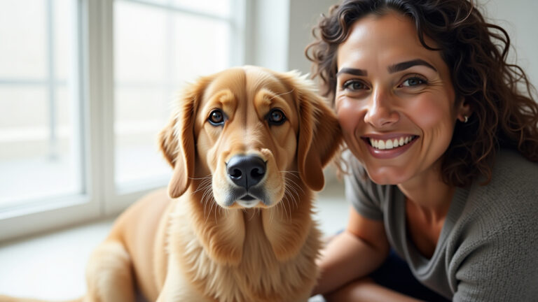 Mulher brasileira sorrindo e ajoelhada com seu cachorro golden retriever, em foto estilo revista.