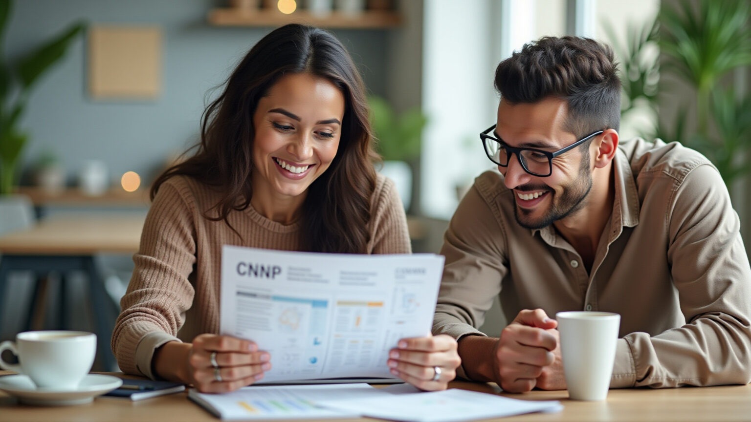 Como verificar empresas de buffet: passo a passo com consulta CNPJ grátis Casal brasileiro sorrindo ao verificar CNPJ em documento, com laptop e café.